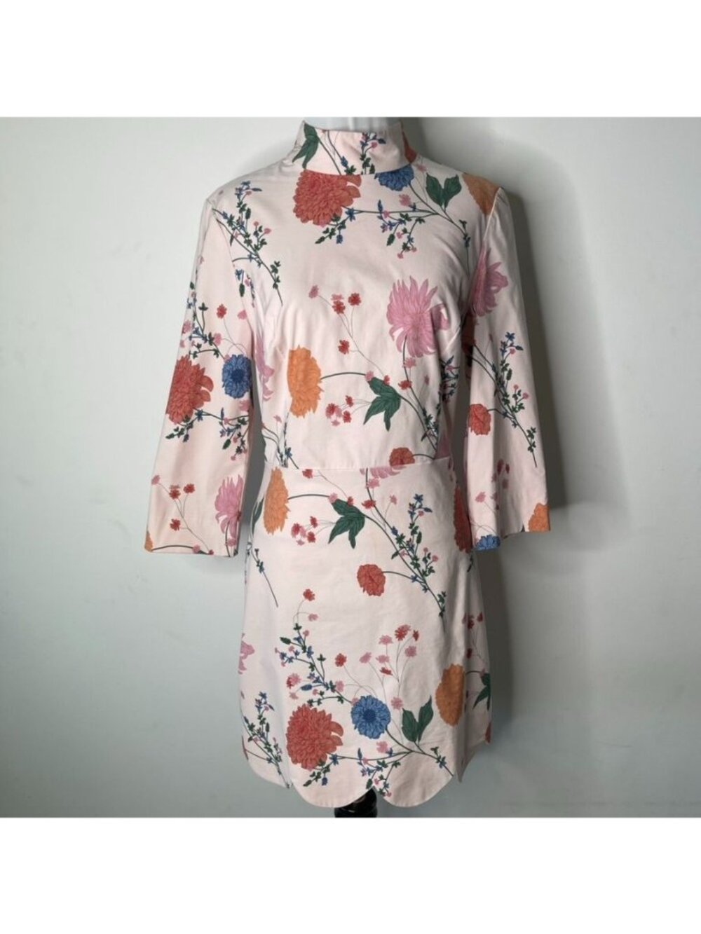 Anthropologie Maeve Mock-Neck Stretch Shift Mini Dress Pink Floral Scallop 8